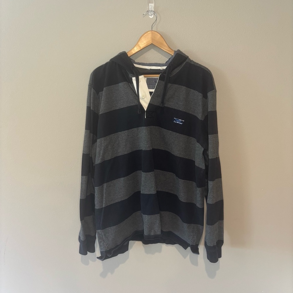 L.L. BEAN‎ Men’s Long Sleeved Hooded Black & Grey Striped Shirt w/ Buttons Large